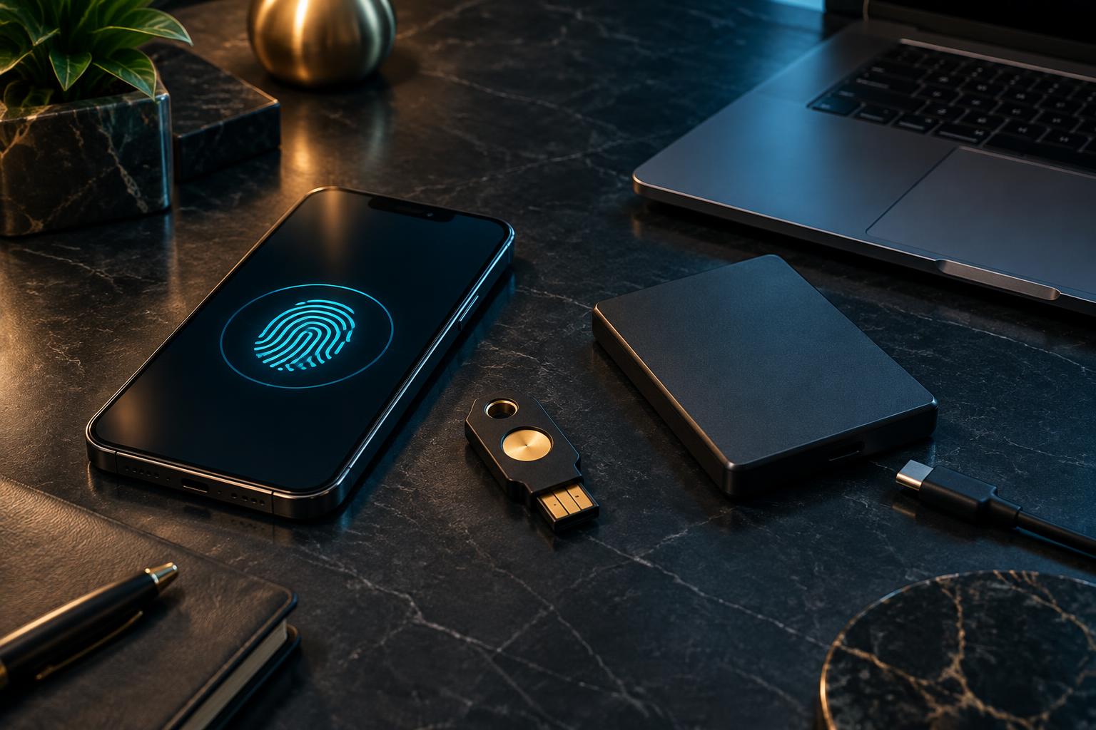 Phone, hardware security key and backup drive
